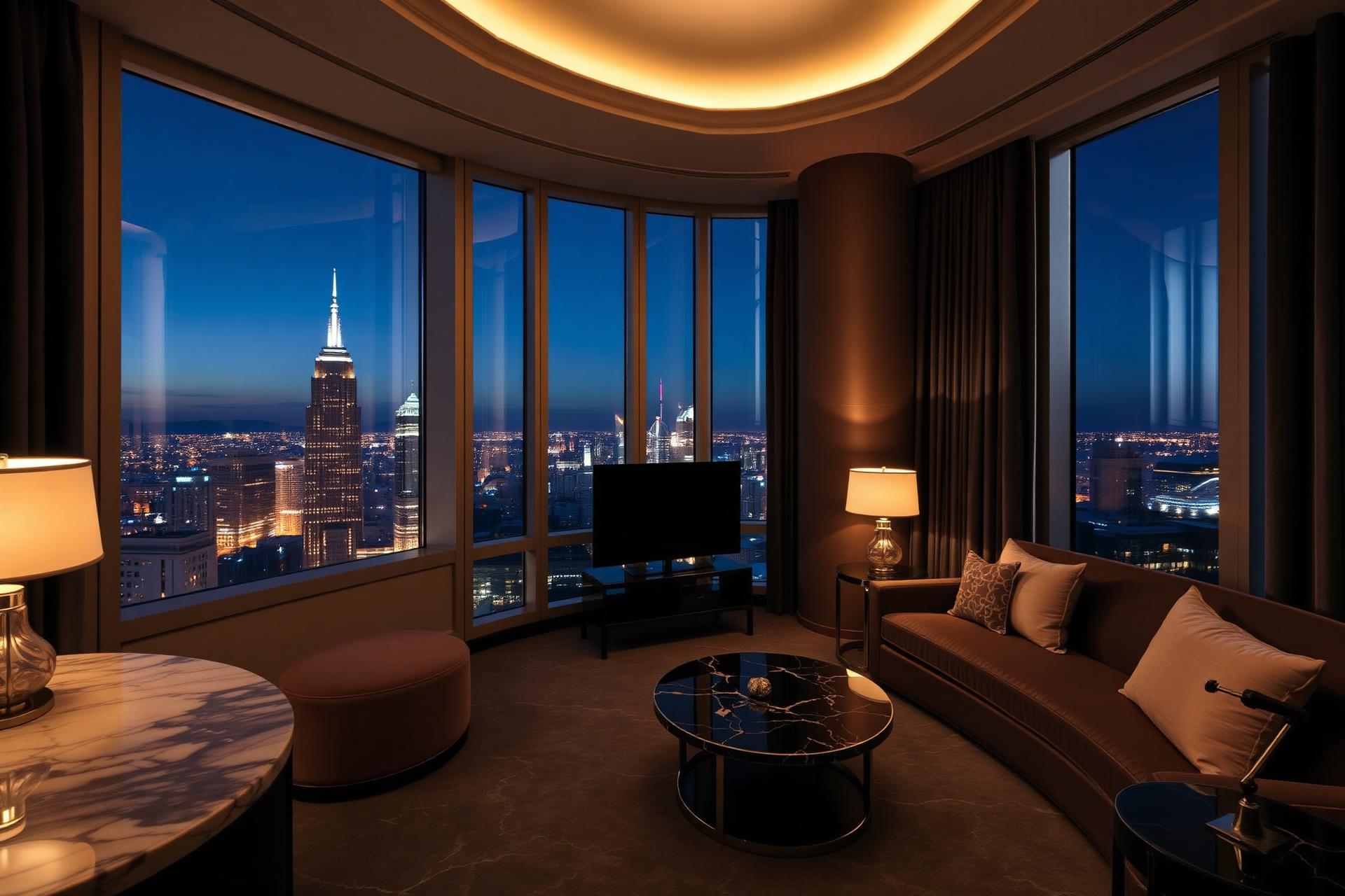 Luxury city suite at blue hour